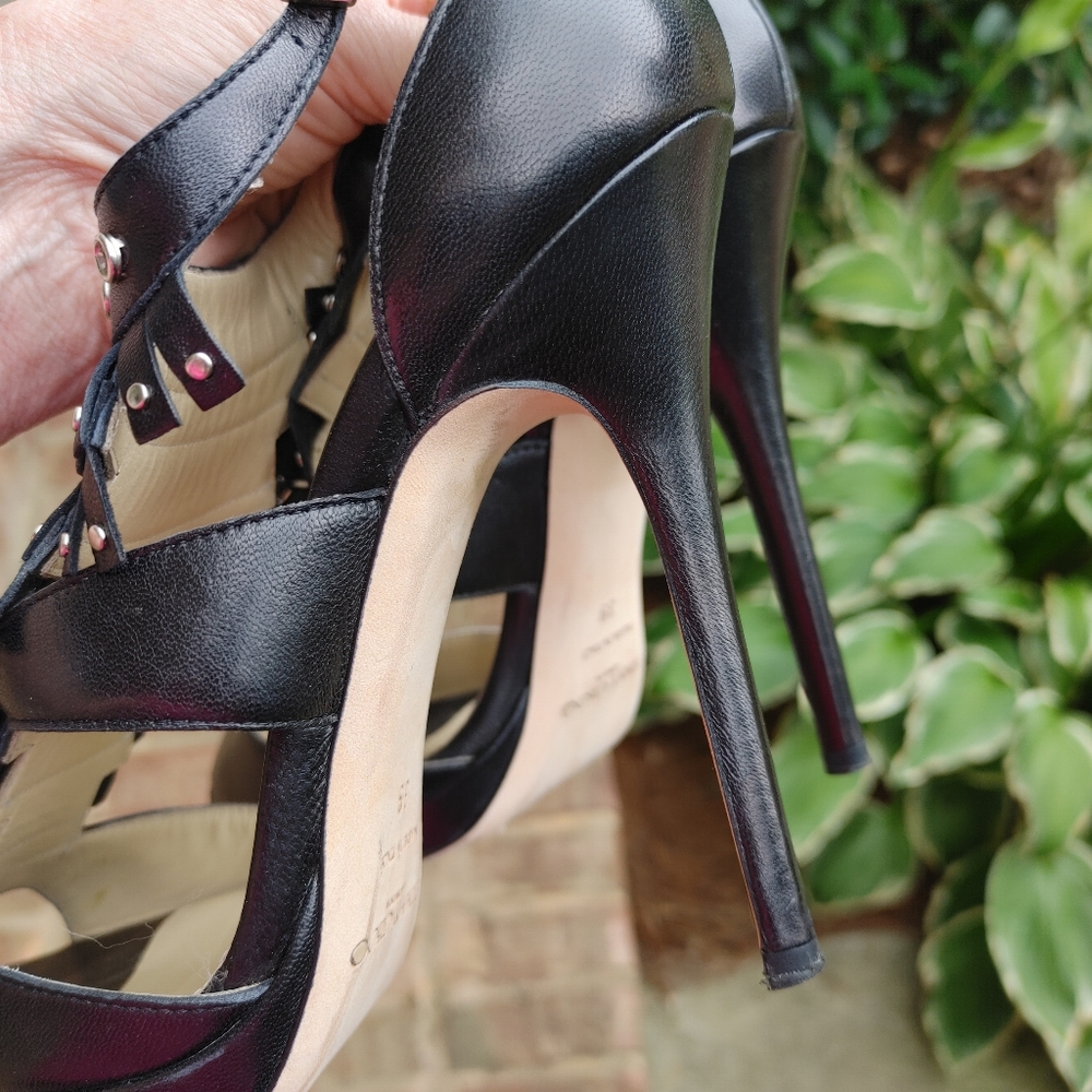 JIMMY CHOO BLACK LEATHER STUDDED FRINGE PLATFORM SANDALS, 39 - Picture 13 of 16
